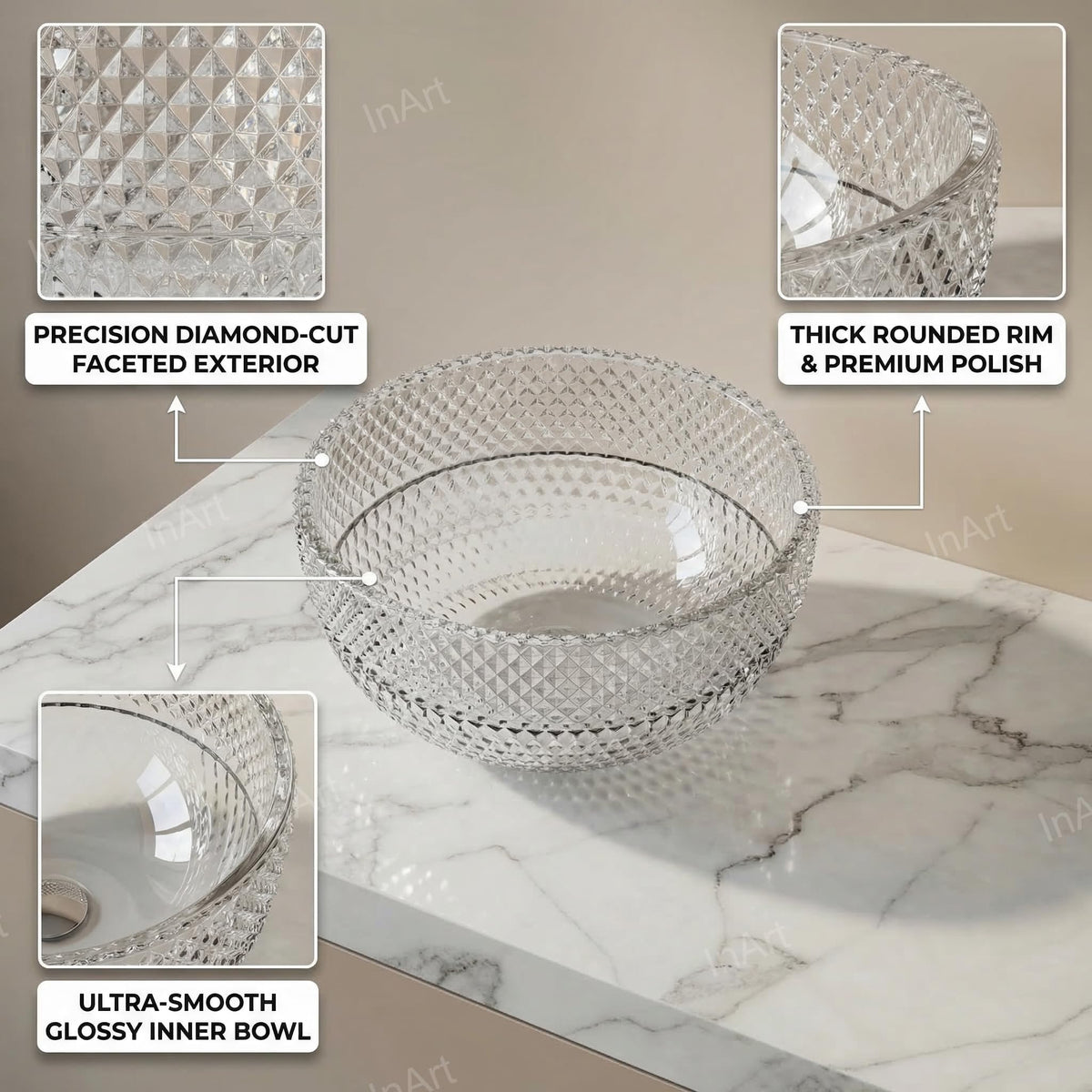 InArt Clear Glass Countertop Vessel Sink for Modern Bathroom Vanities, 13.4 Inch, additional product view 3