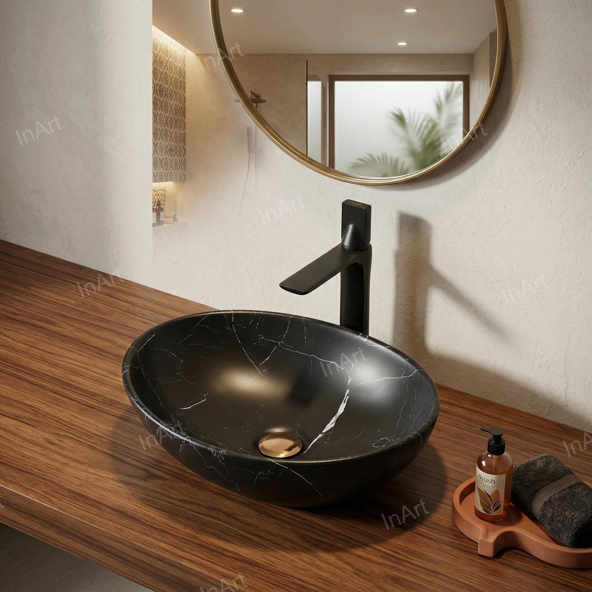Rectangular vessel sink matte black ceramic bowl with smooth rim detail for modern vanity