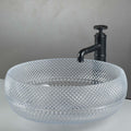 Lifestyle on modern bathroom counter: InArt glass bowl sink vanity, clear square tempered glass vessel sink