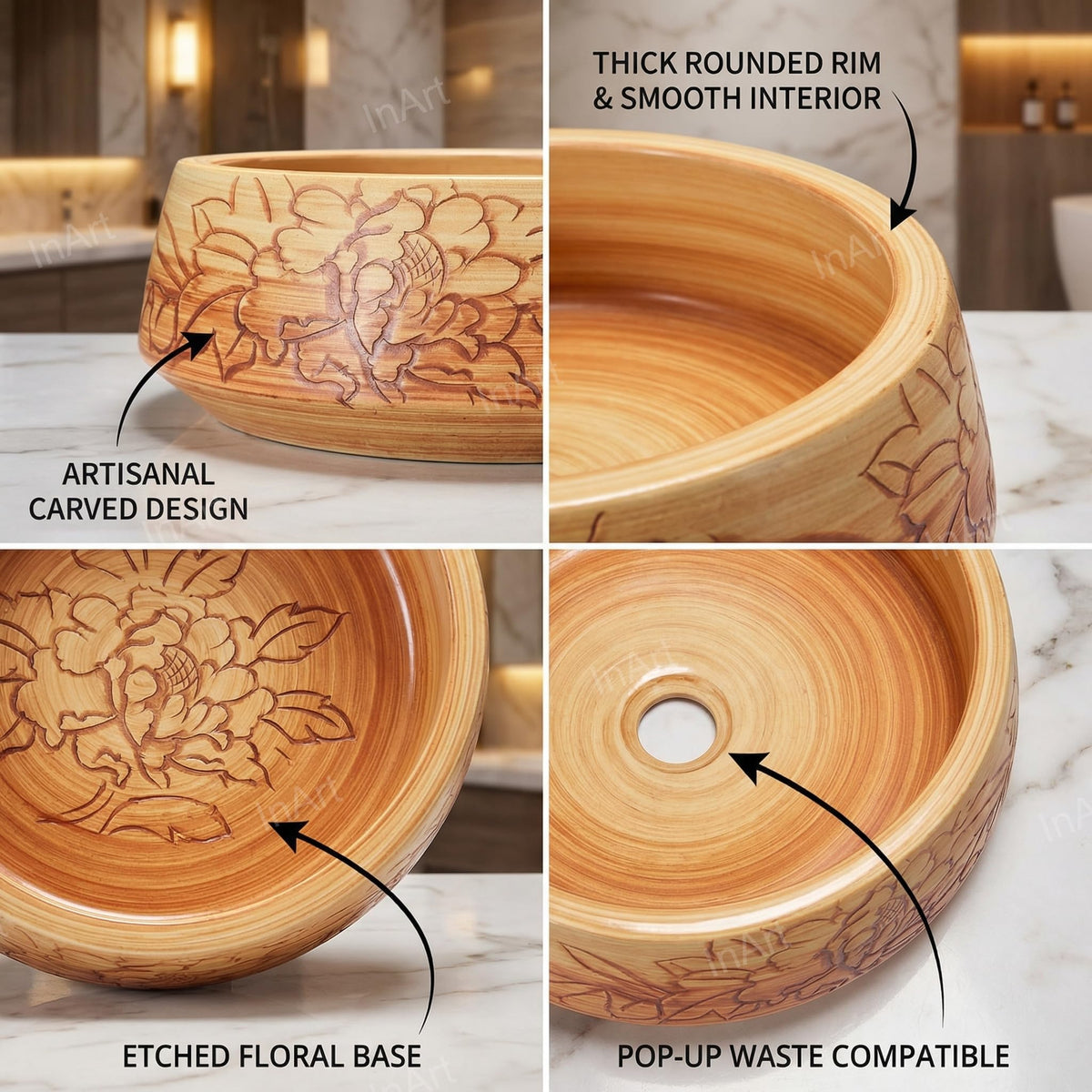 InArt Wood-Tone Ceramic Round Vessel Sink – Floral Art Design, 16.5", additional product view 3