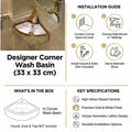 InArt Ceramic Corner Wall Hanging /Wall Mount/Counter Top Wash Basin Bathroom Sink For Lavatory Golden White Color 33 x 33 x 13 Cm, additional product view 6