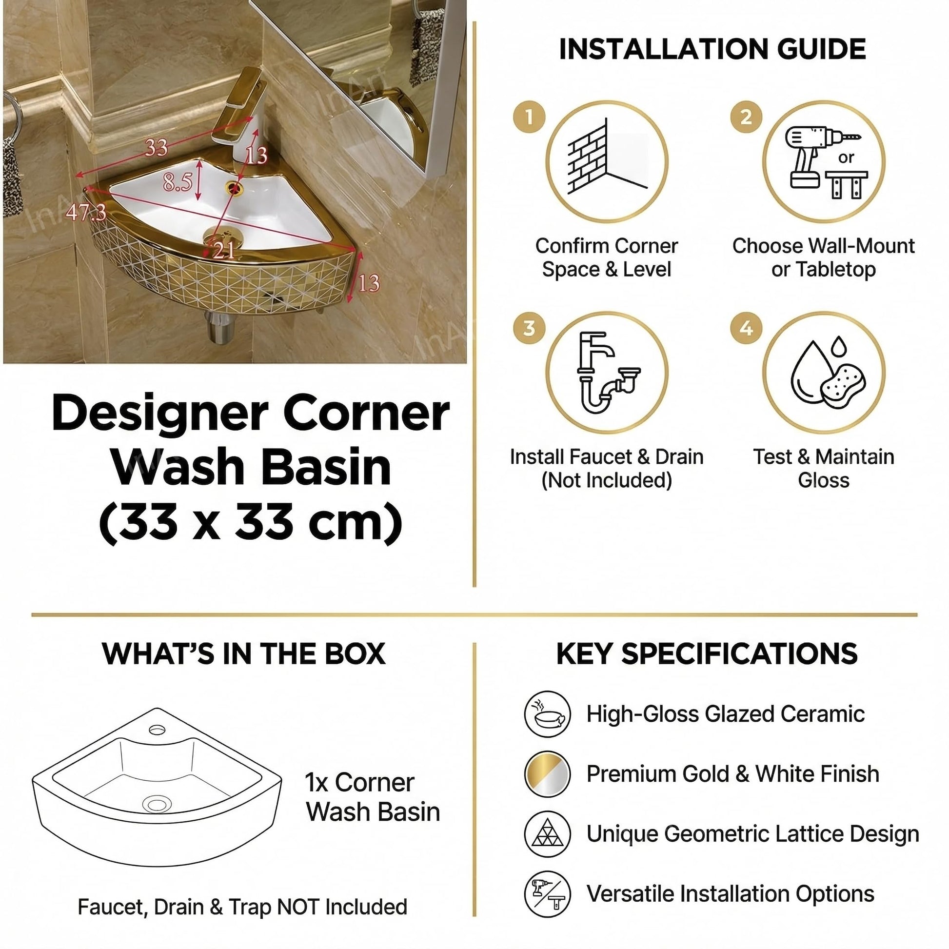 InArt Ceramic Corner Wall Hanging /Wall Mount/Counter Top Wash Basin Bathroom Sink For Lavatory Golden White Color 33 x 33 x 13 Cm, additional product view 6