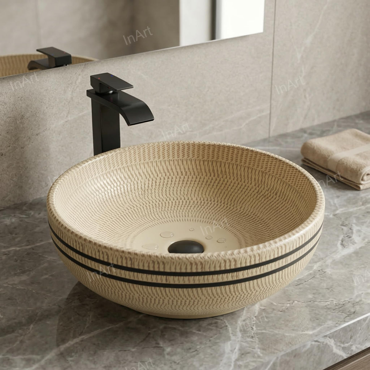 InArt Vessel Sinks for Bathroom 15.75" – Ceramic, Beige Satin, Textured Pattern, additional product view 4