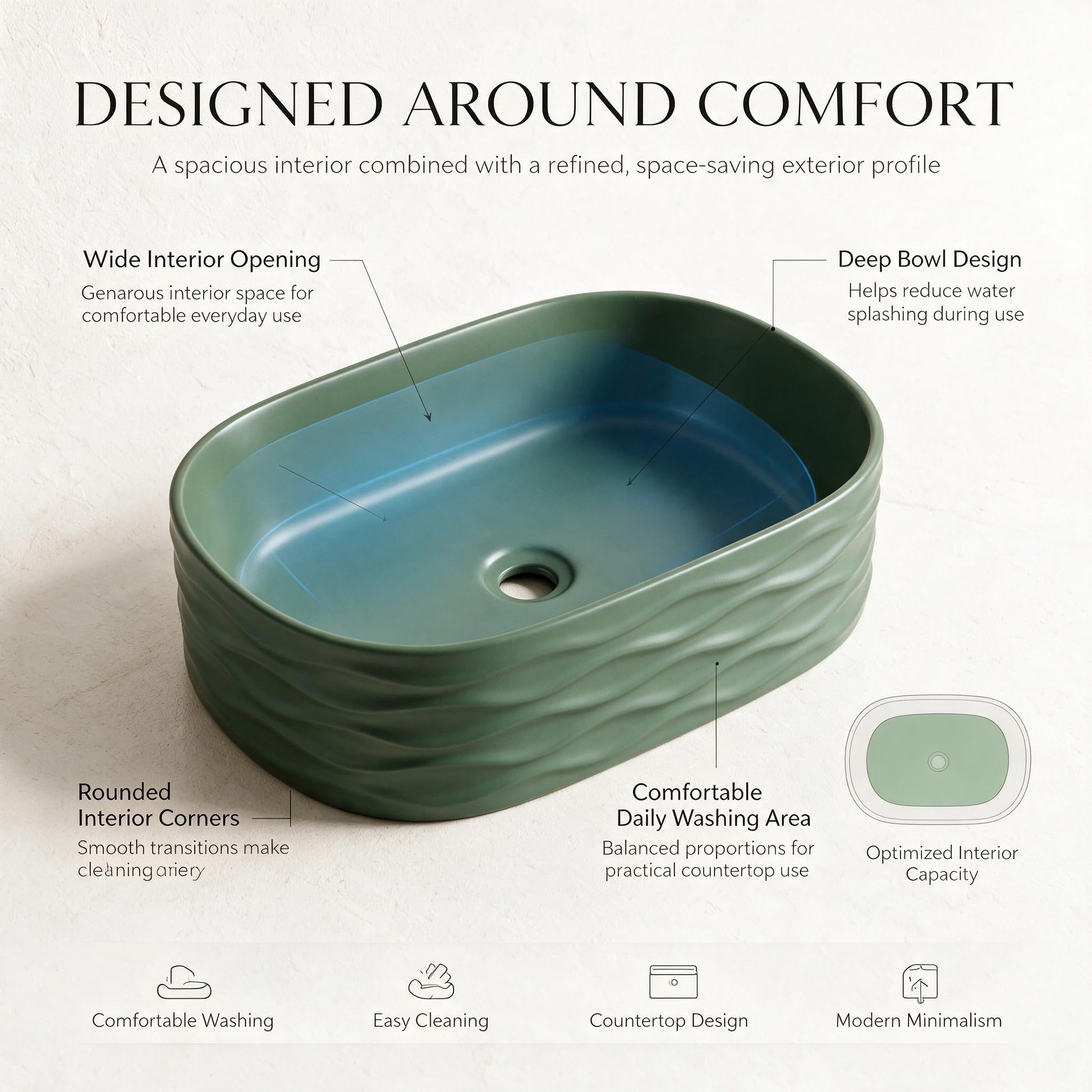 Sage Green Rounded Rectangular Ceramic vessel bathroom sink, additional product view 6