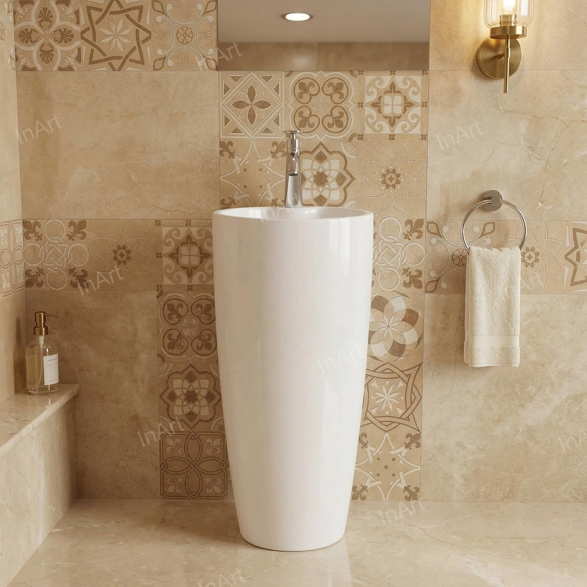 InArt White Ceramic One-Piece Pedestal Bathroom Sink for Modern Bathrooms, 15 x 15 Inch, additional product view 4