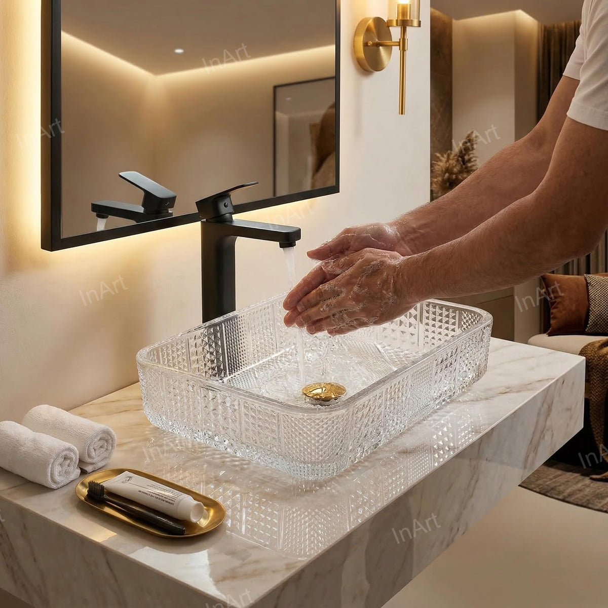InArt Clear Rectangular Crystal Glass Vessel Sink for Countertop Bathrooms, 17.5 Inch, additional product view 4