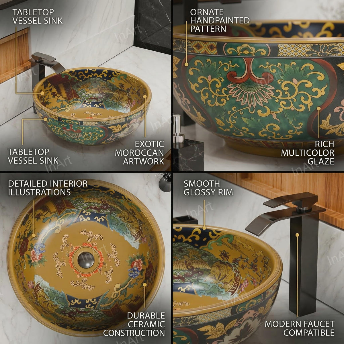 InArt Glossy Multicolor Ceramic Round Vessel Sink – Moroccan Pattern, 16.5", additional product view 3