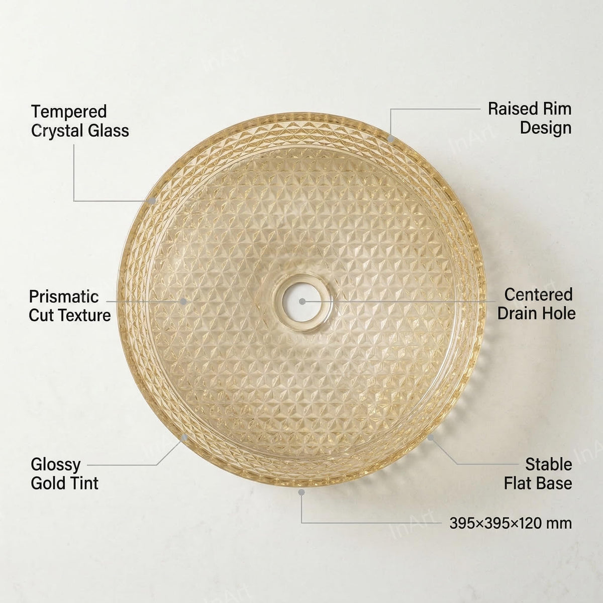 InArt Amber Tempered Glass Round Vessel Sink – Diamond Texture, 15.6" Above-Counter, additional product view 2