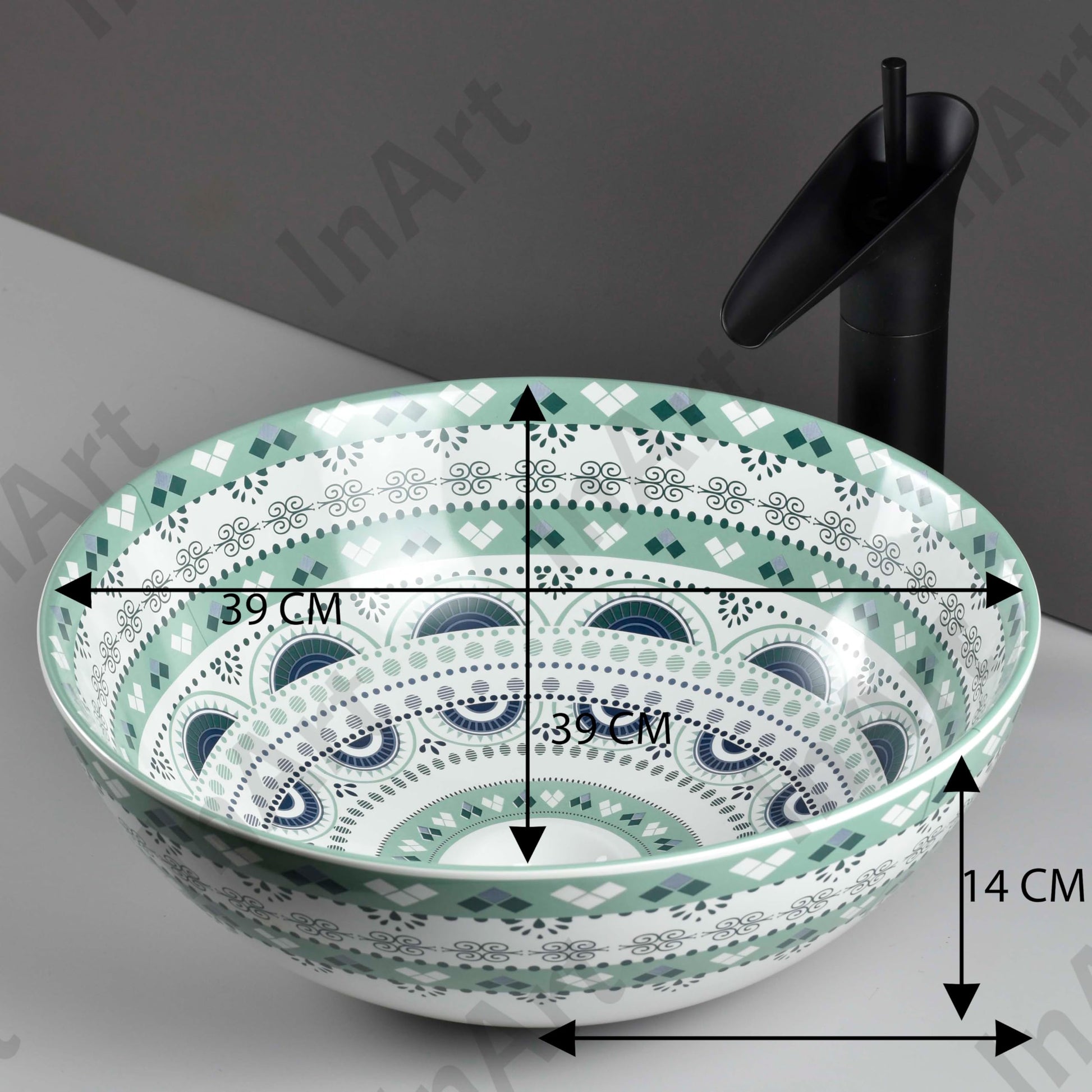 Round vessel sink top view, InArt ceramic sink vessel in light blue modern style sink bowl