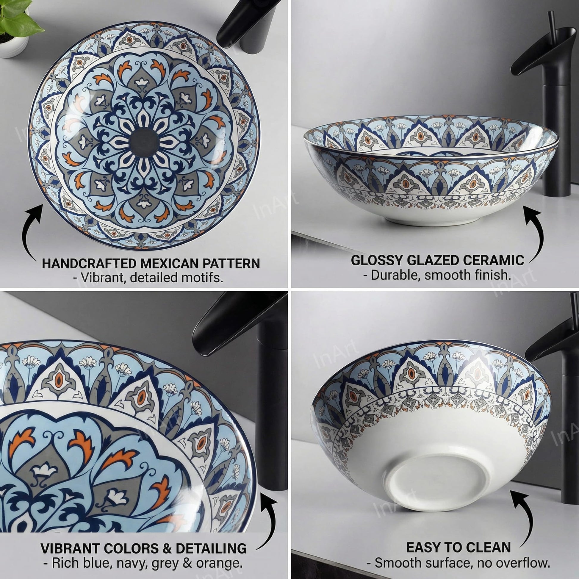 Side profile ceramic sink vessel, InArt round talavera sink in blue Mexican style