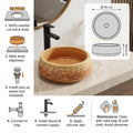 InArt Wood-Tone Ceramic Round Vessel Sink – Floral Art Design, 16.5