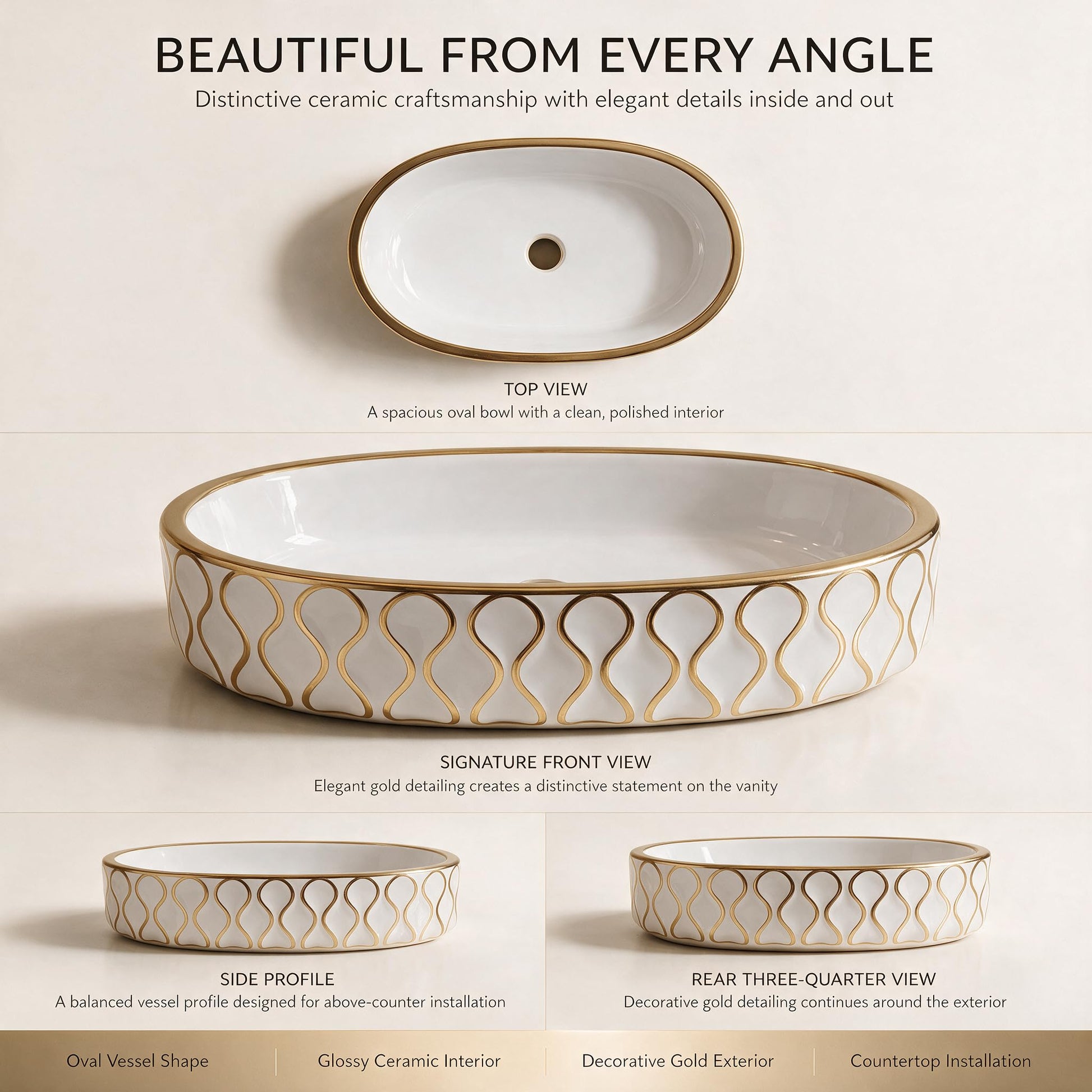 White and Gold Oval Ceramic vessel bathroom sink, additional product view 3