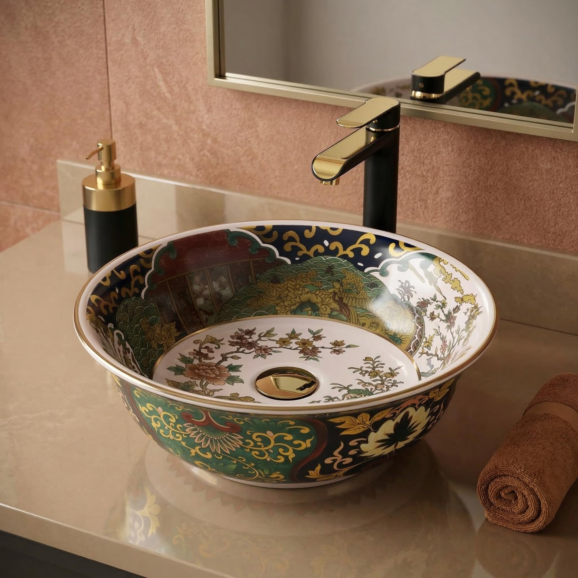 InArt Glossy Multicolor Ceramic Round Vessel Sink – Gold Rim Accent, 16.5"