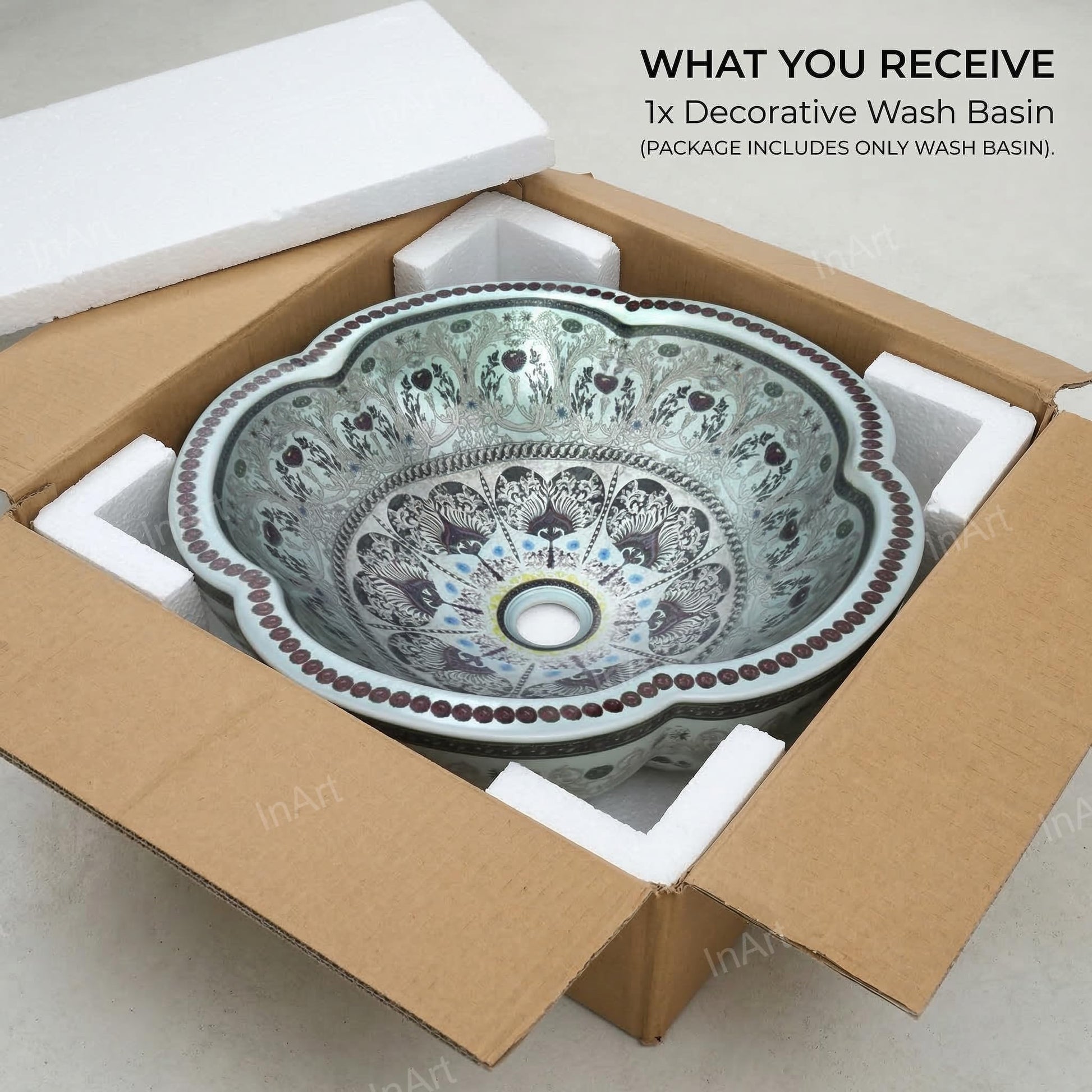 InArt Vessel Sinks for Bathroom 16" – Ceramic, Glossy Aqua Pattern, Scalloped Rim, additional product view 8