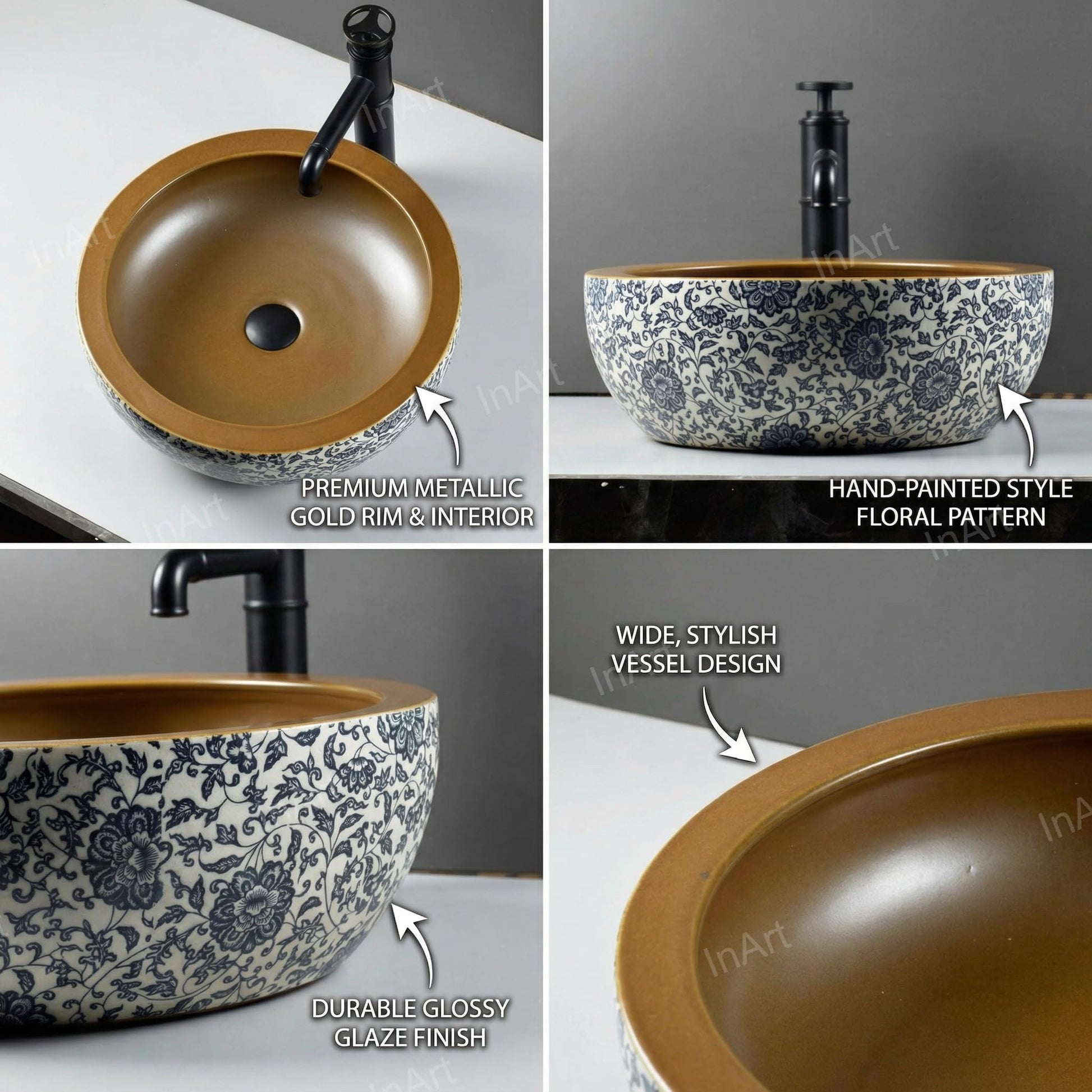 Sink bathroom bowl top view of InArt ceramic square vessel sink with Moroccan pattern, 16x16 easy-clean basin