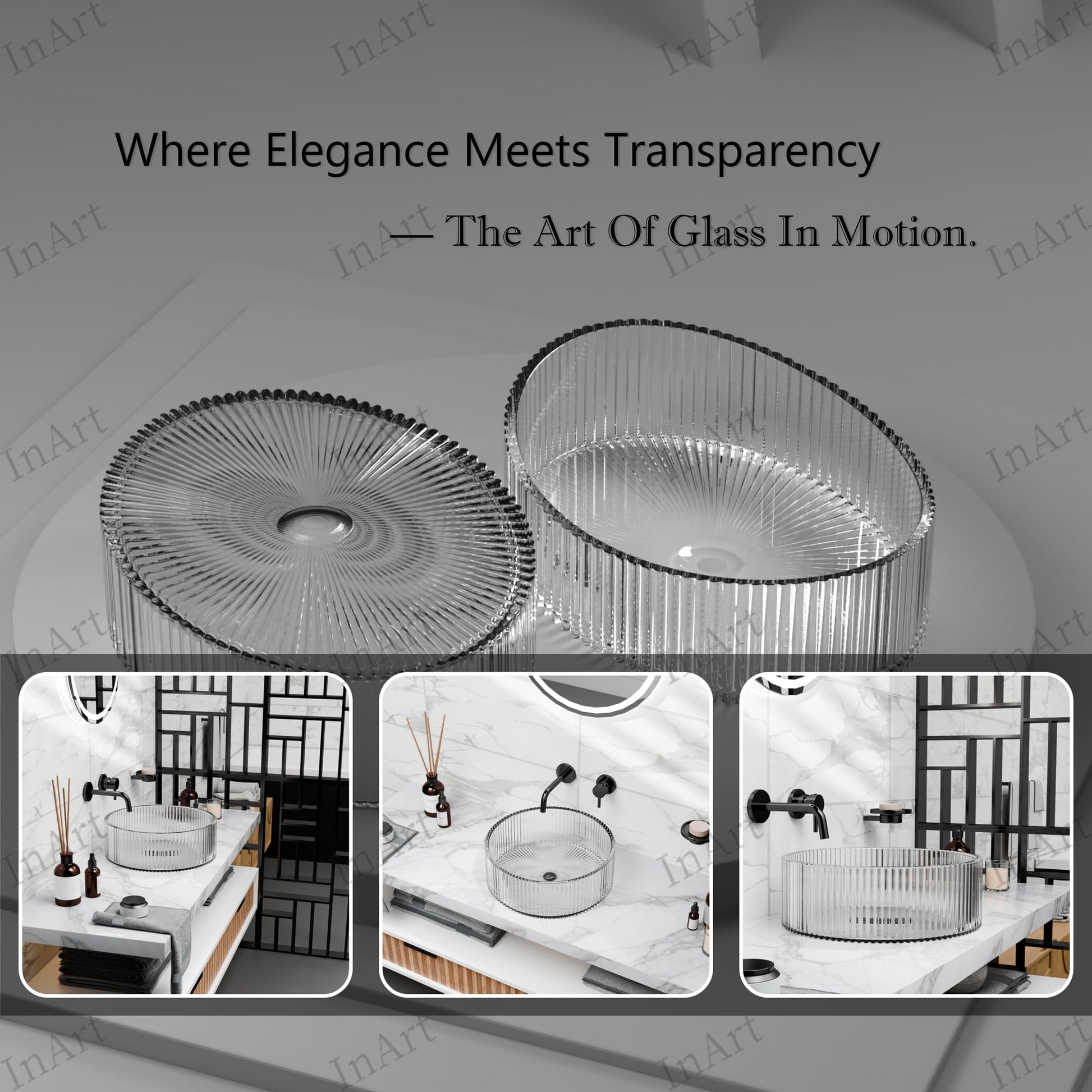 InArt Clear Glass Oval Vessel Sink – Fluted Ribbed Design, 19.7"x14.6", additional product view 4