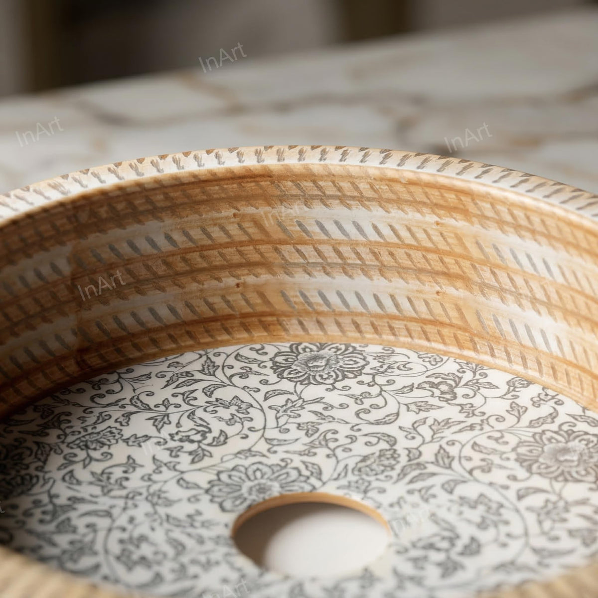 InArt Satin Patterned Ceramic Round Vessel Sink – Above Counter, 16" Moroccan Floral, additional product view 5