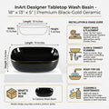 18x13 rectangular ceramic vessel sink for bathroom vanity with raised sink, black gold countertop style