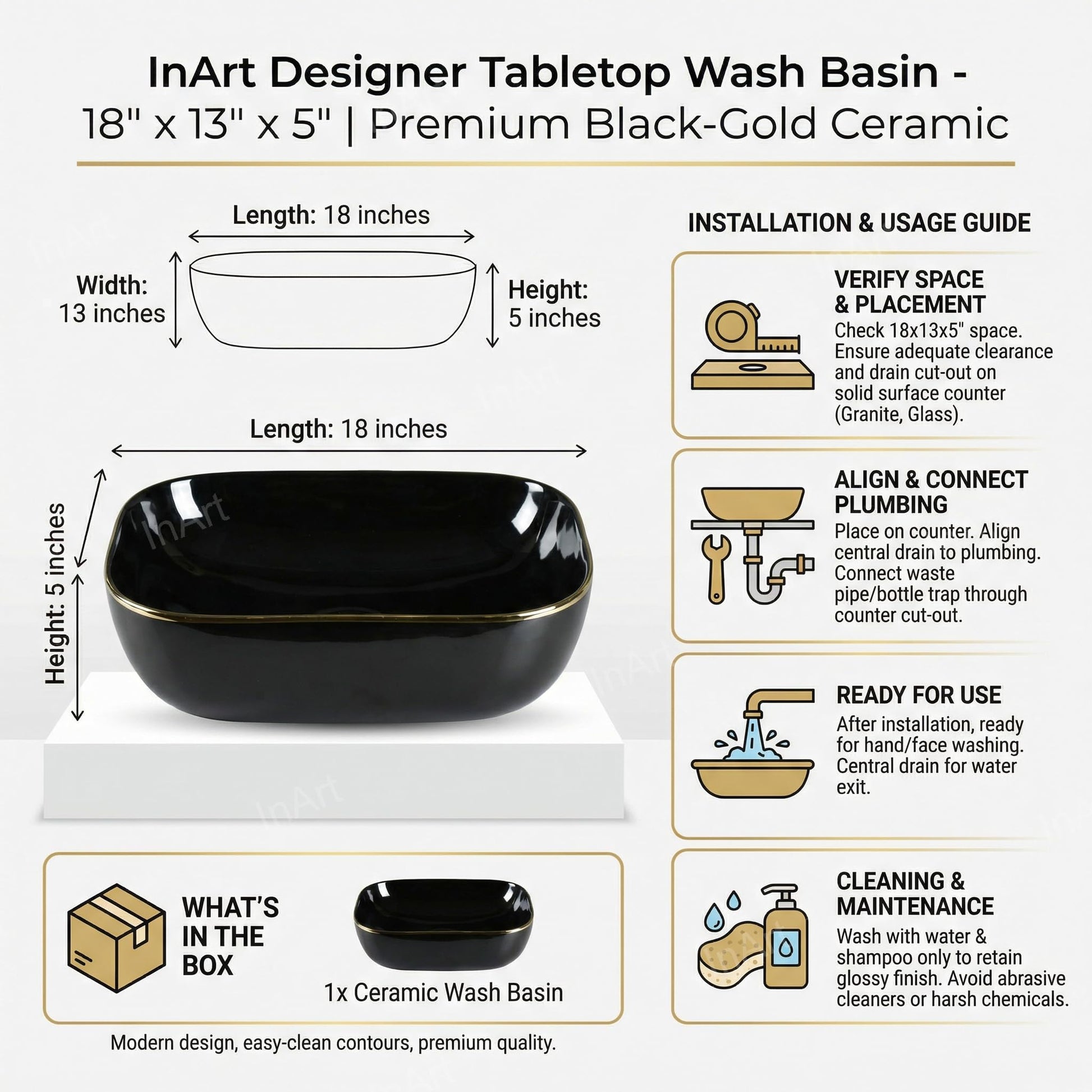 18x13 rectangular ceramic vessel sink for bathroom vanity with raised sink, black gold countertop style