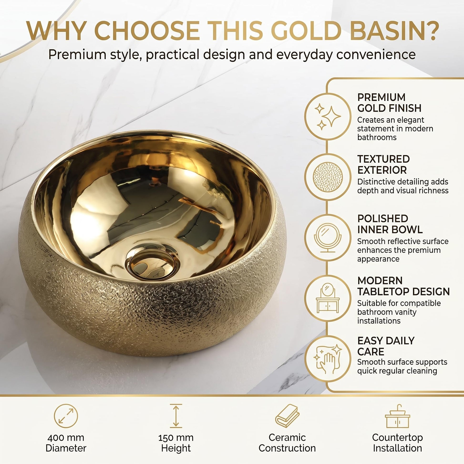 InArt Round Bathroom Ceramic Vessel Sink Art Basin in Gold Color, additional product view 8