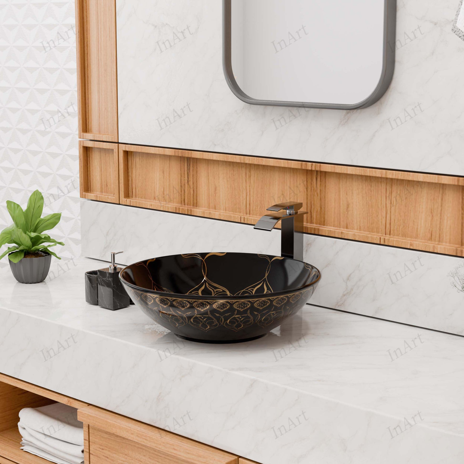 InArt Round Bathroom Ceramic Vessel Sink Art Basin in Black Gold Color, additional product view 9