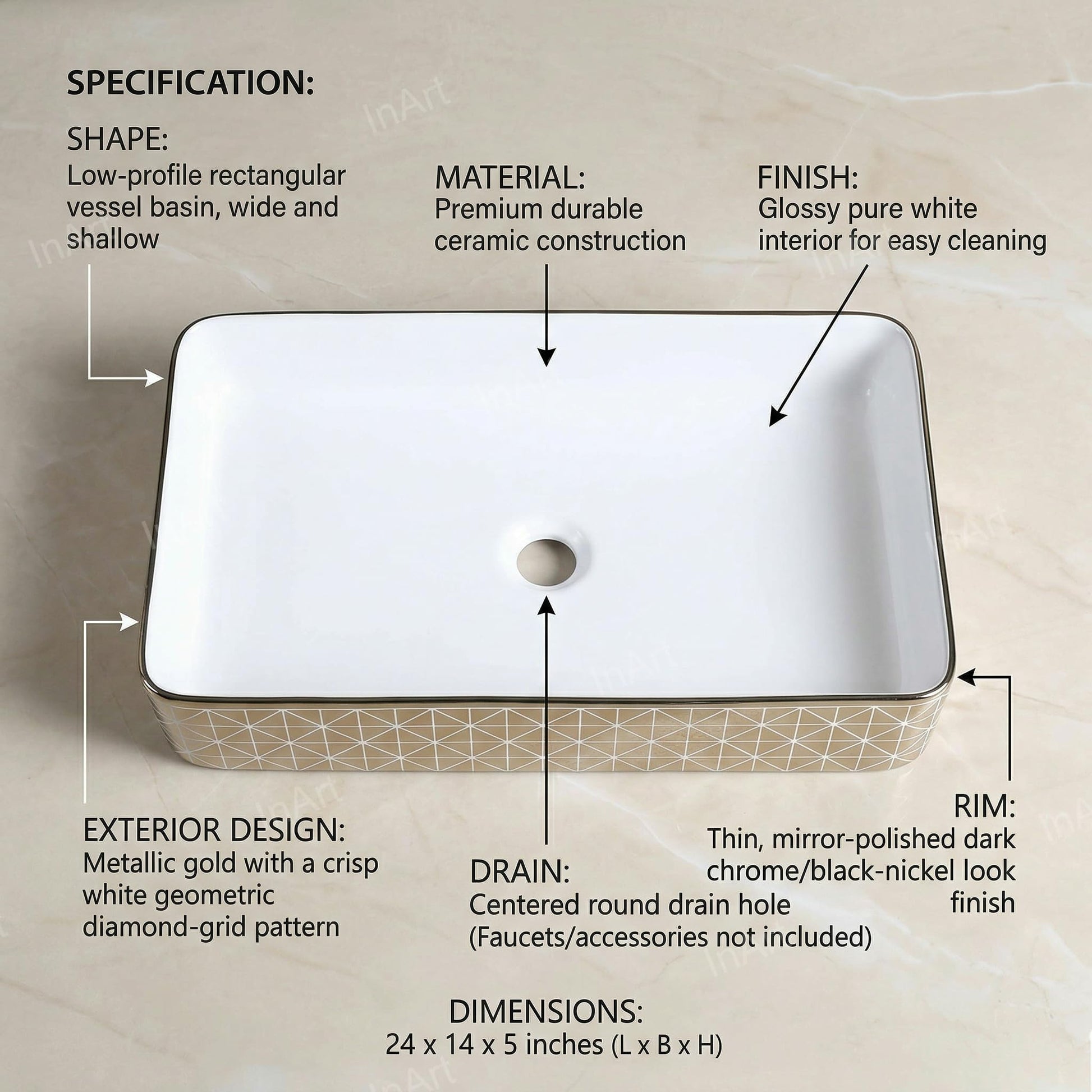 Rectangular vessel sink in glossy gold ceramic, front angle view of InArt vessel wash basin