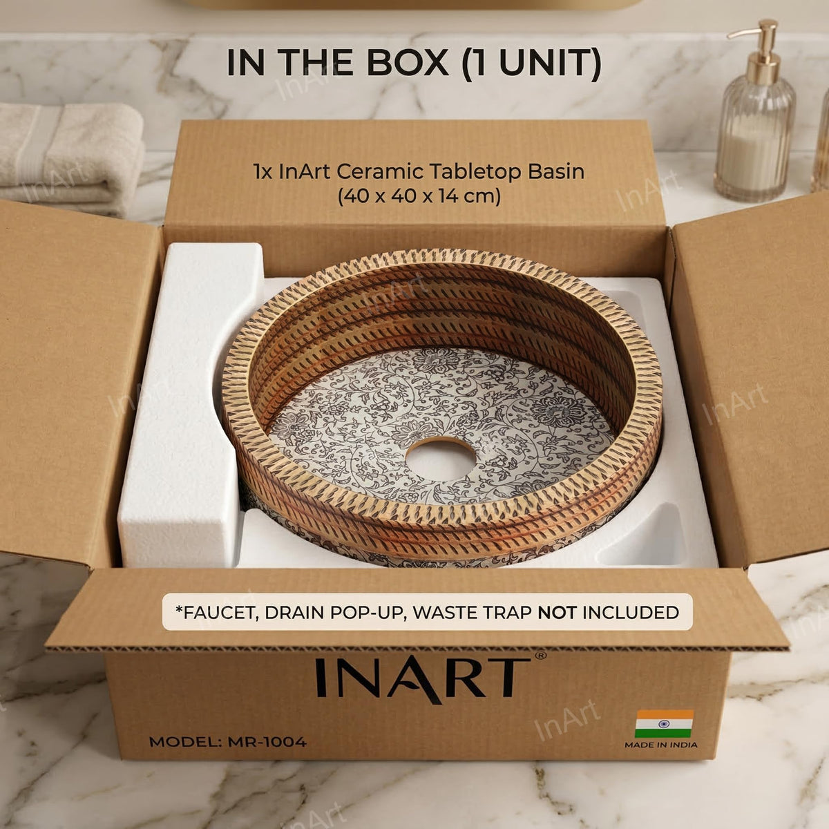 InArt Satin Patterned Ceramic Round Vessel Sink – Above Counter, 16" Moroccan Floral, additional product view 8