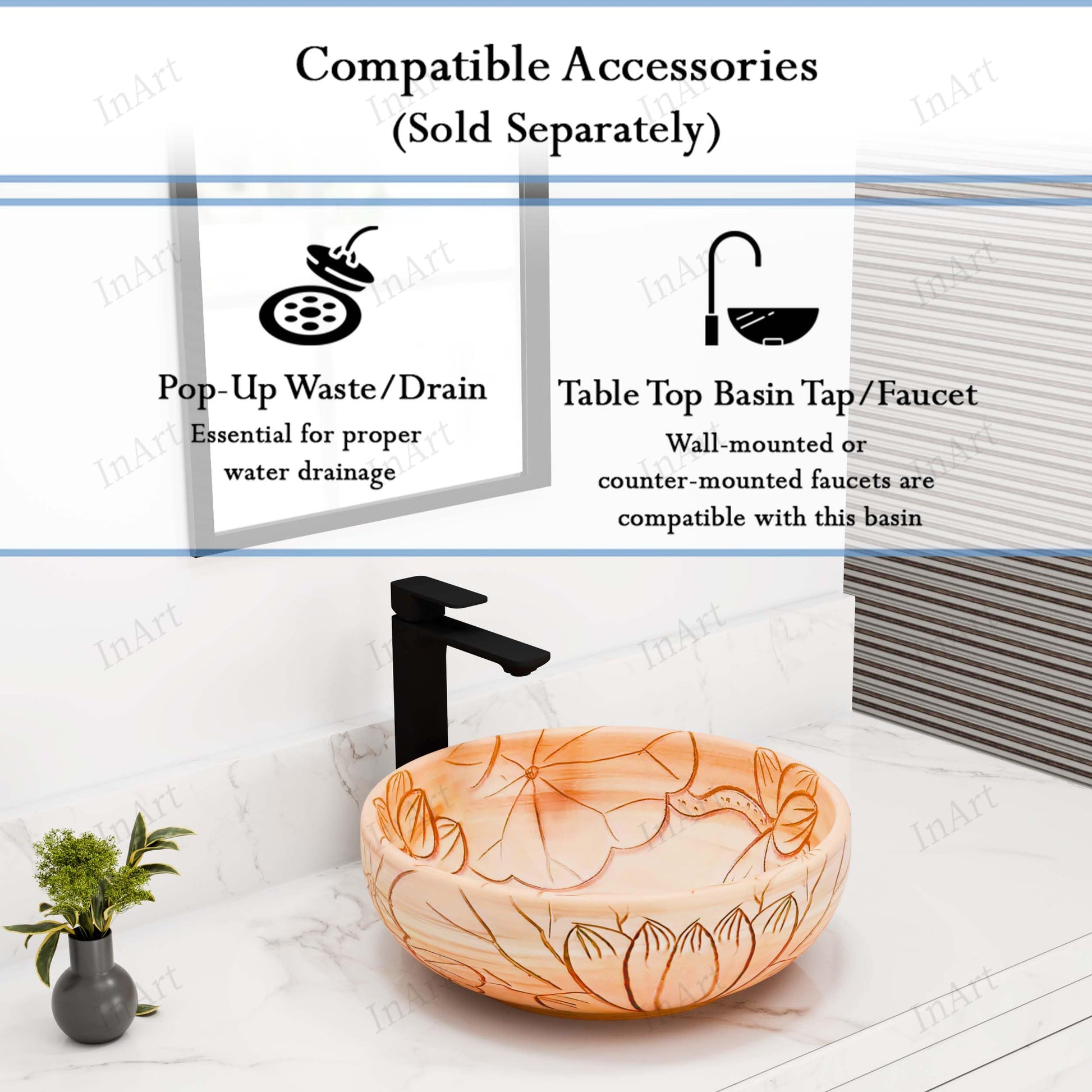 InArt Vessel Sinks for Bathroom – 15.75" Ceramic Round, Peach Beige Floral Line Art, additional product view 3