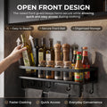 Kitchen storage rack organizing spices utensils mugs and a towel