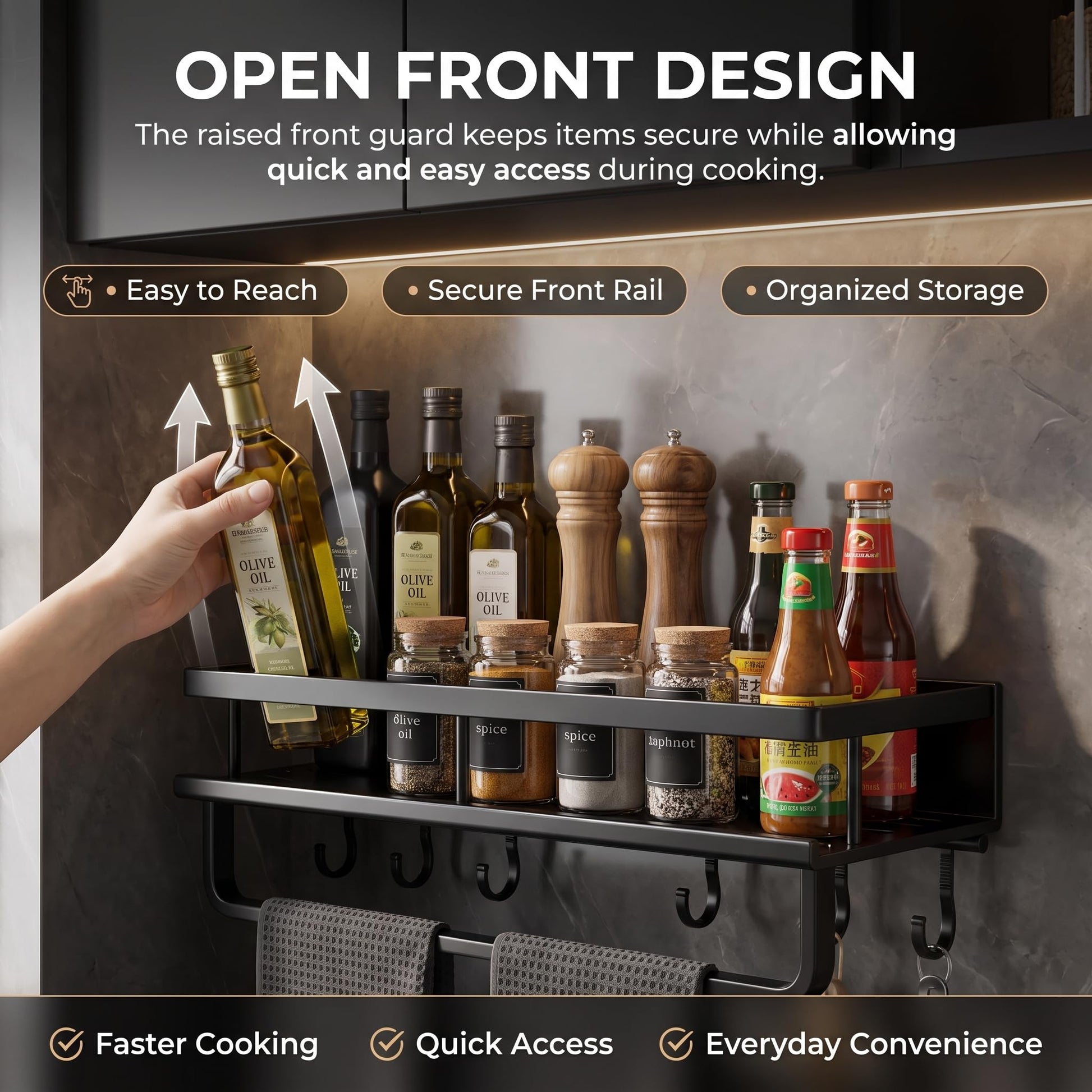 Kitchen storage rack organizing spices utensils mugs and a towel