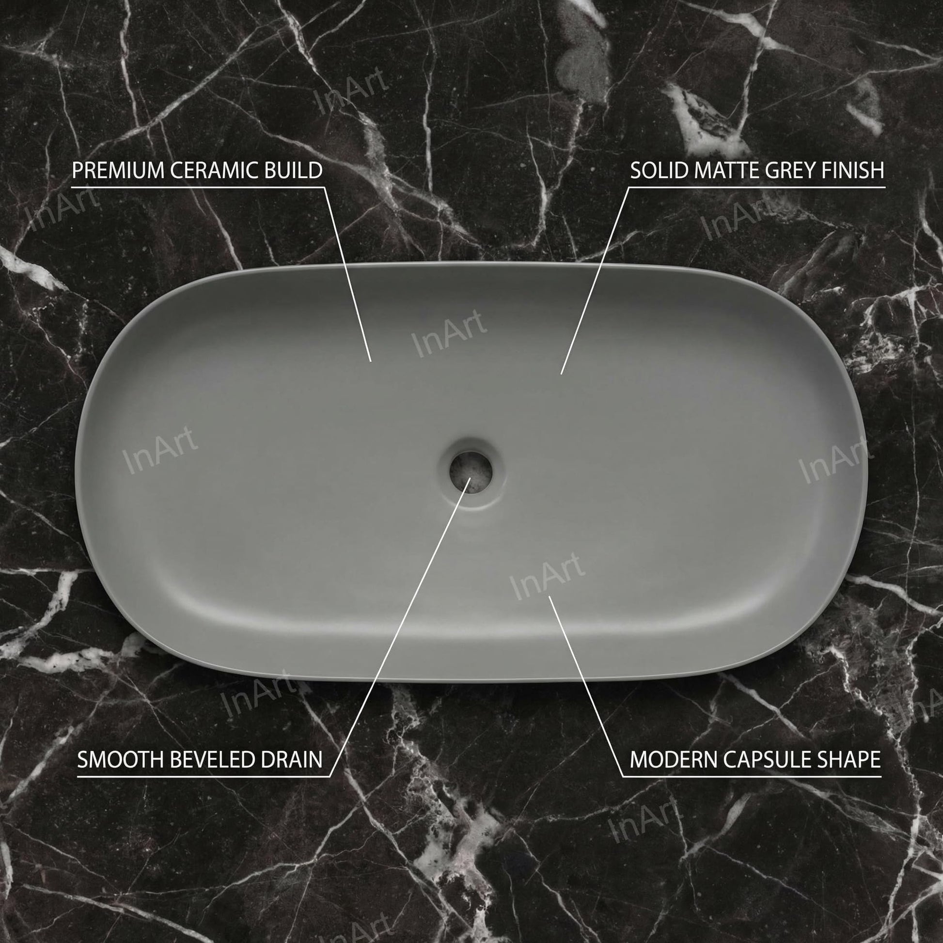 Modern vessel sink side angle view, matte gray ceramic rectangular sink bowl for bathroom countertop