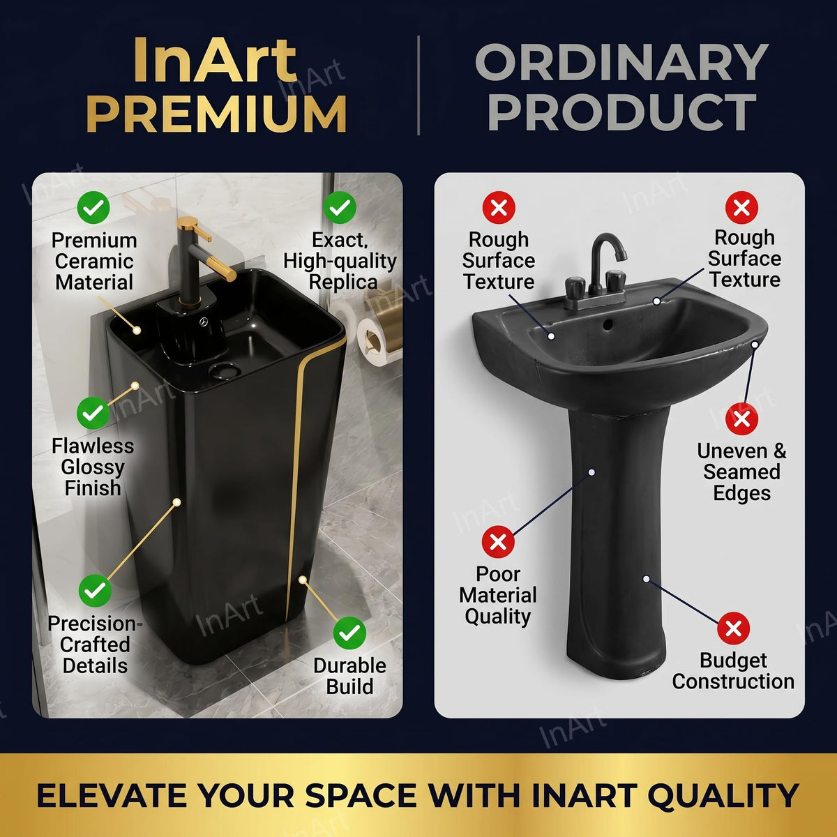 InArt Basin Pedestal Sink - Standing Bathroom Sink Black Glossy 43x36 CM, additional product view 7
