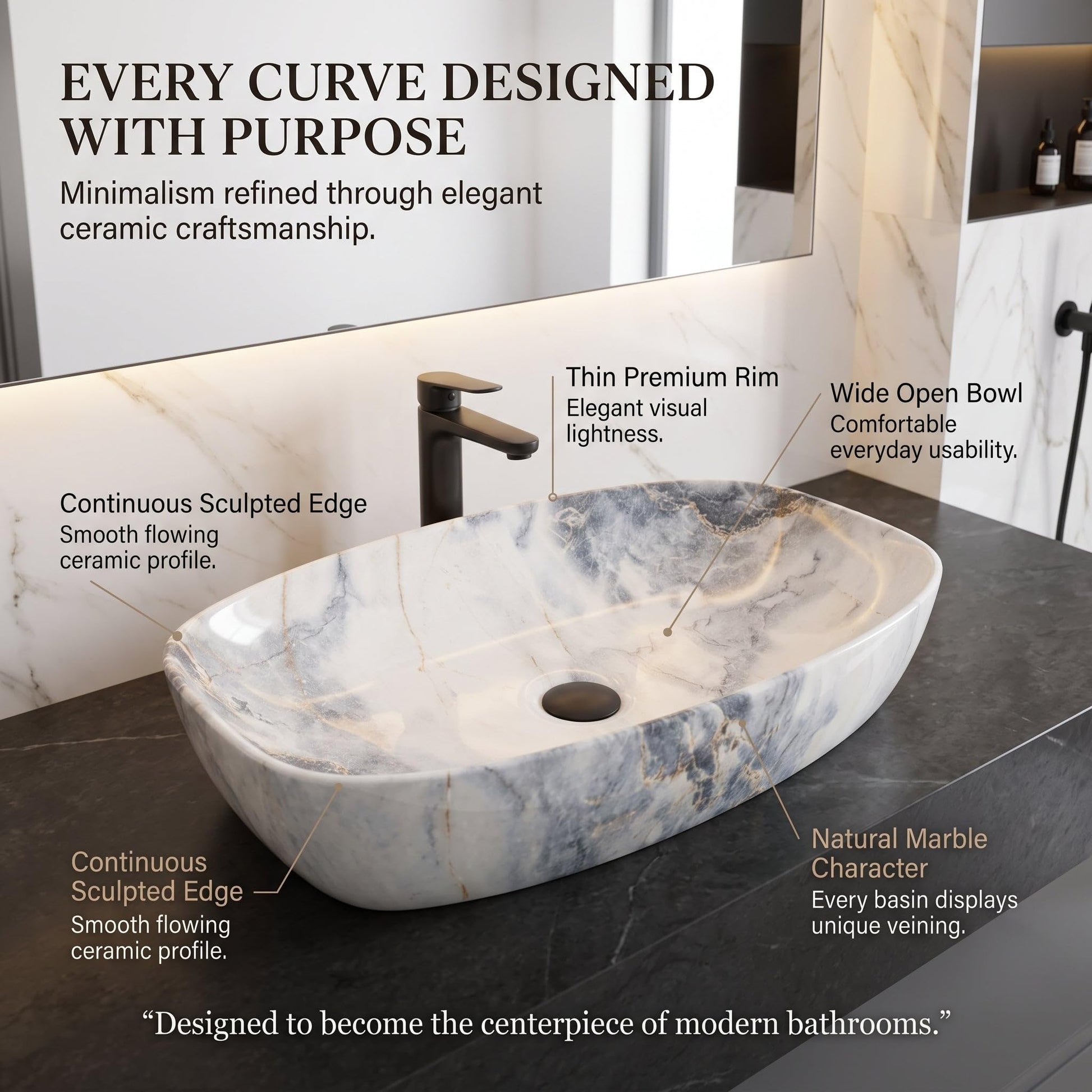White, Blue and Gold Rectangular Ceramic vessel bathroom sink, additional product view 5