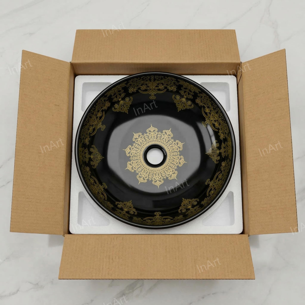 InArt Glossy Black Ceramic Round Vessel Sink – Above Counter, 16" Gold Pattern, additional product view 8