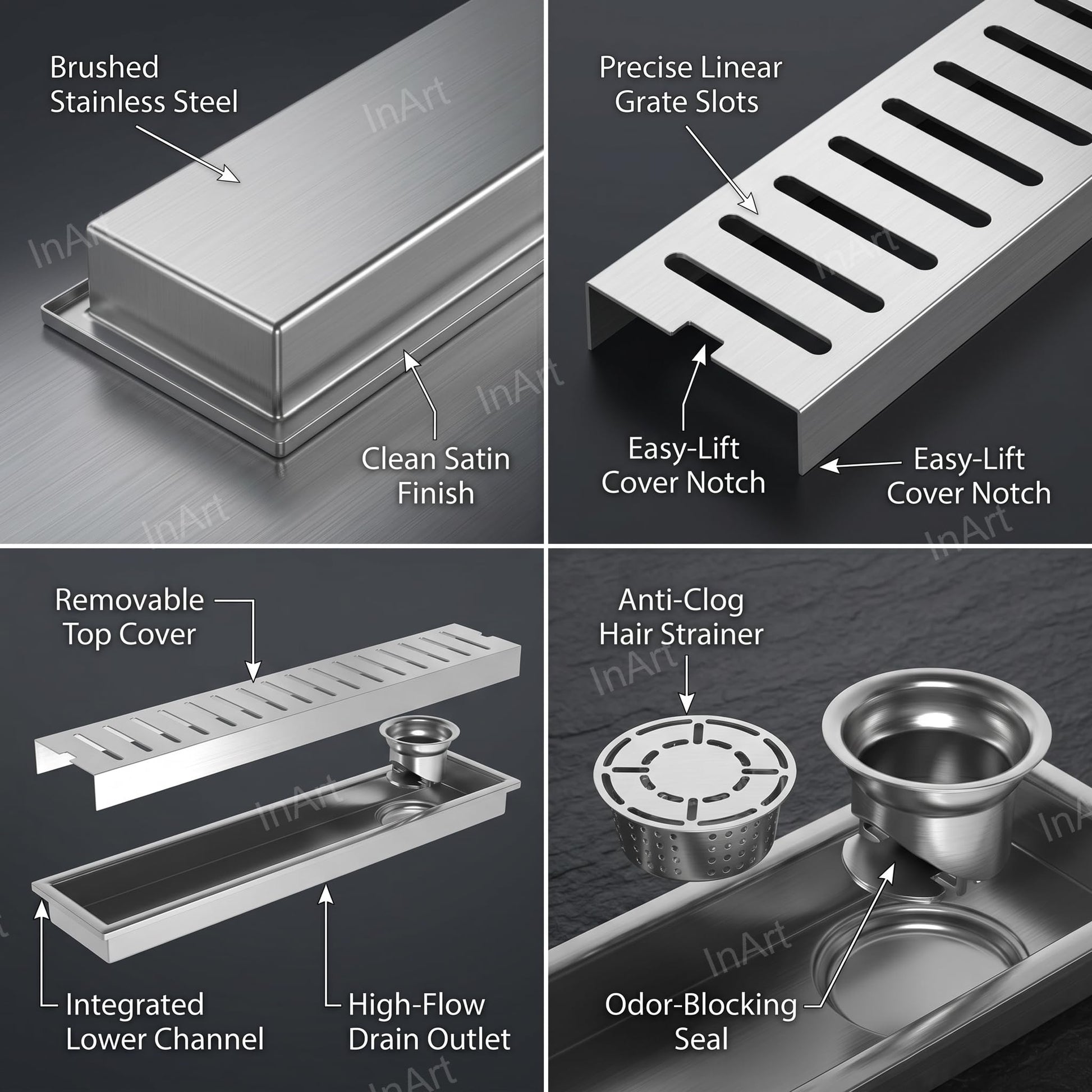 InArt Brushed Stainless 304 Shower Floor Drain – 12" Linear Shower Drain, Strainer, additional product view 3