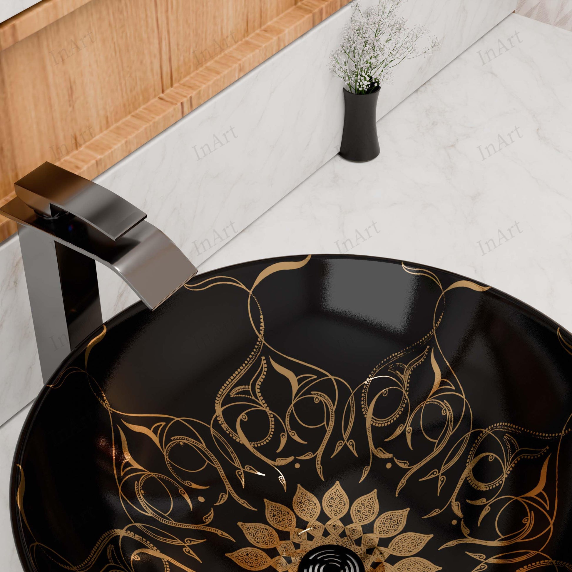 InArt Round Bathroom Ceramic Vessel Sink Art Basin in Black Gold Color, additional product view 5