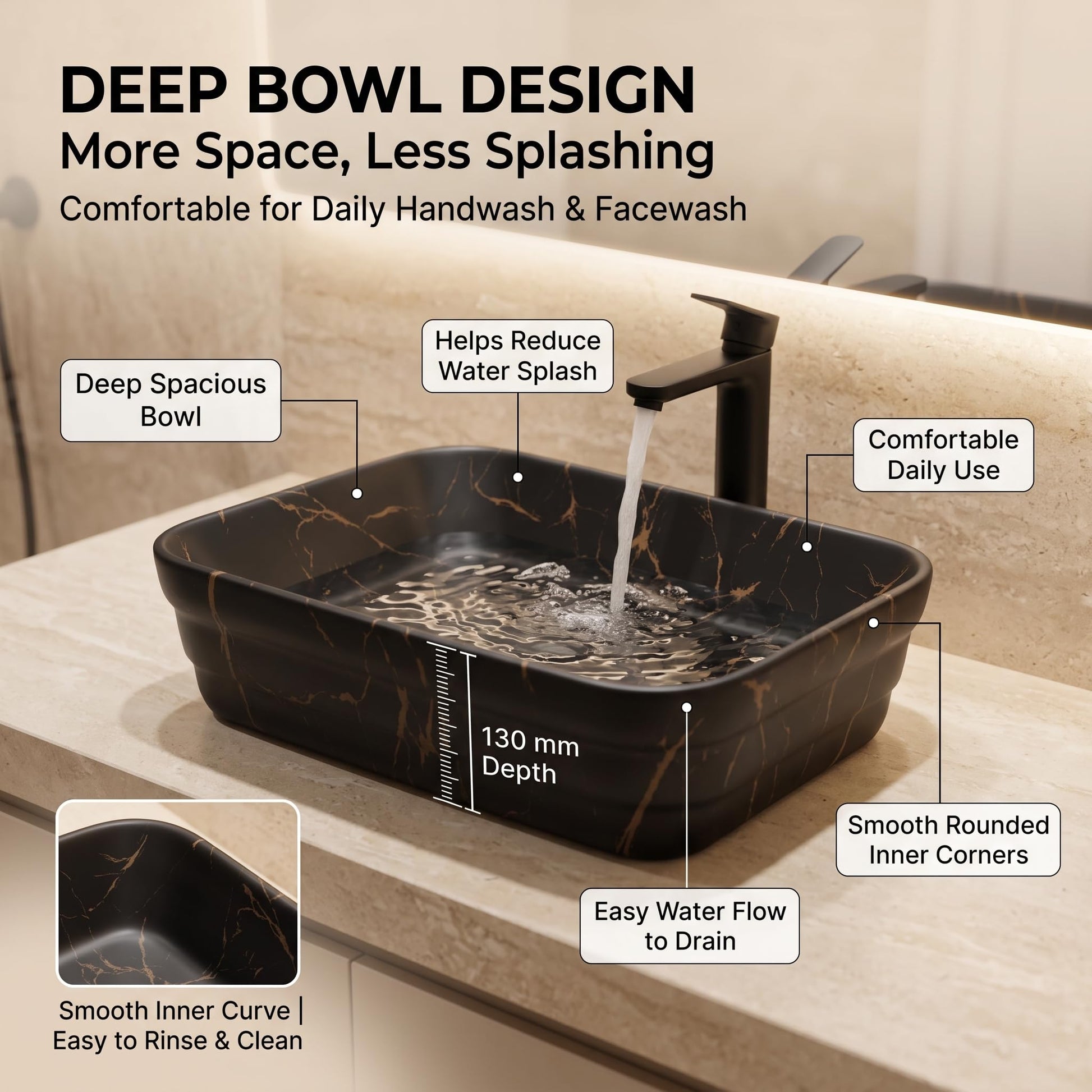 Black Rectangular Ceramic vessel bathroom sink, additional product view 5