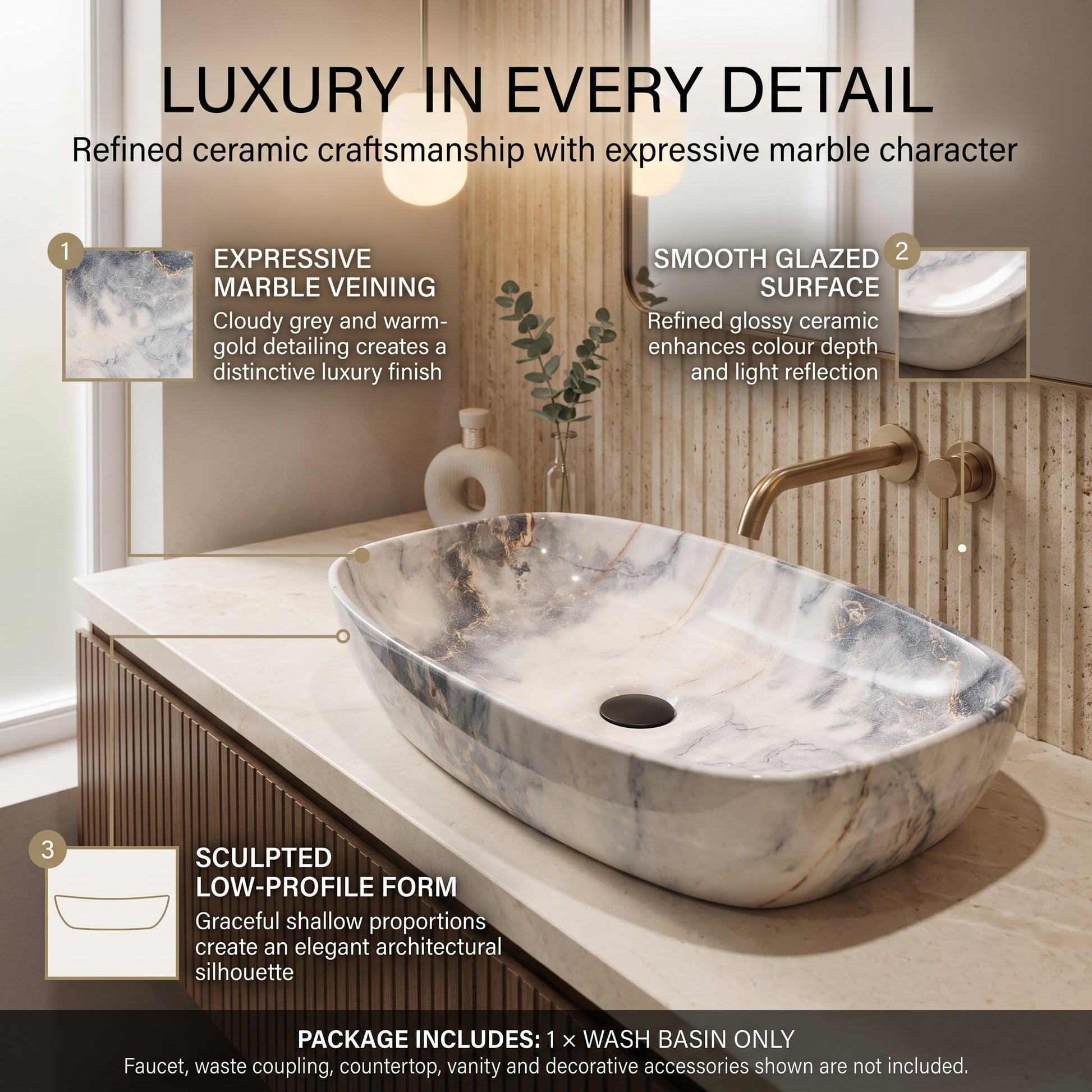 White, Blue and Gold Rectangular Ceramic vessel bathroom sink, additional product view 6