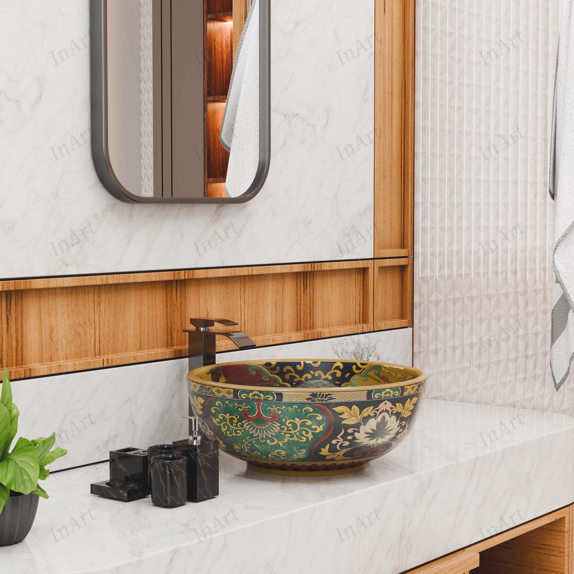 Sink round bowl interior view, ceramic round vessel sink with glossy multicolor Moroccan design