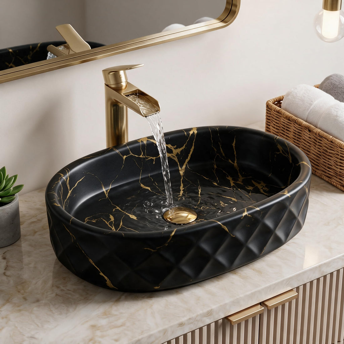 Black and Gold Oval Ceramic vessel bathroom sink