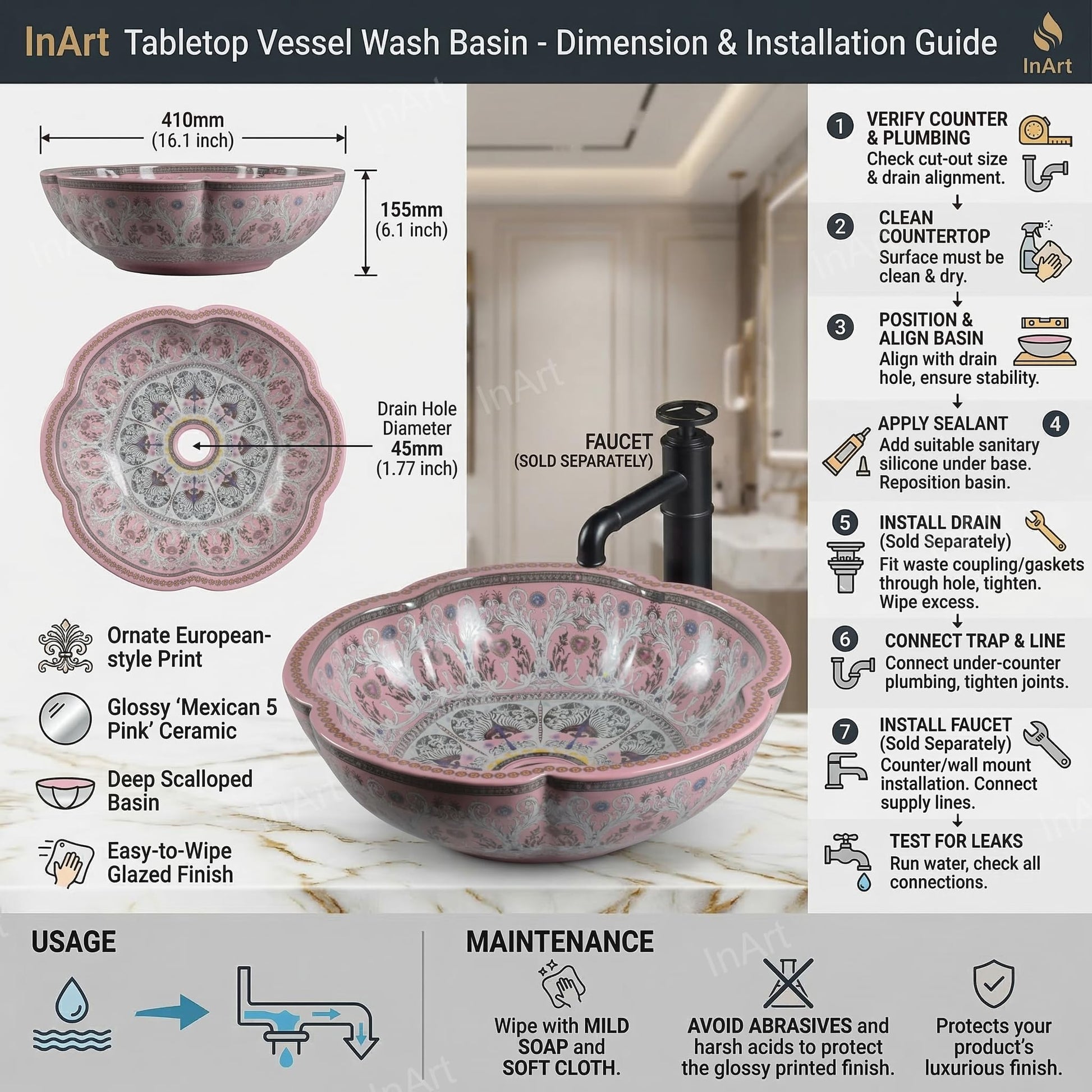 InArt Glossy Pink Ceramic Round Vessel Sink – Sink on Top of Vanity, 16" Scalloped, additional product view 6