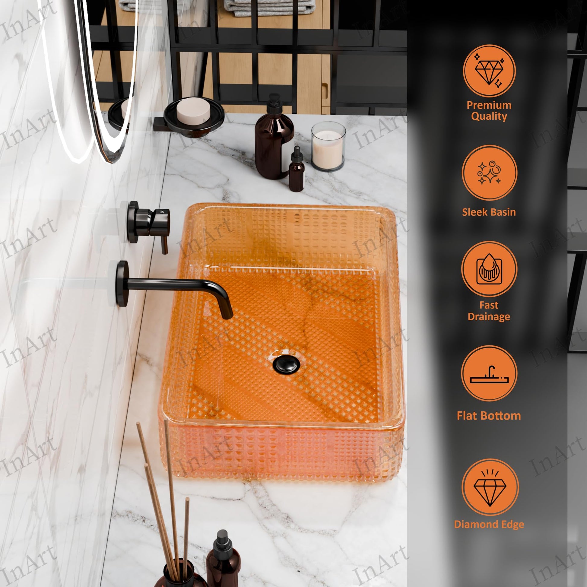 Clear glass vessel sink, rectangular crystal glass tabletop basin for bathroom or living room, elegant decor