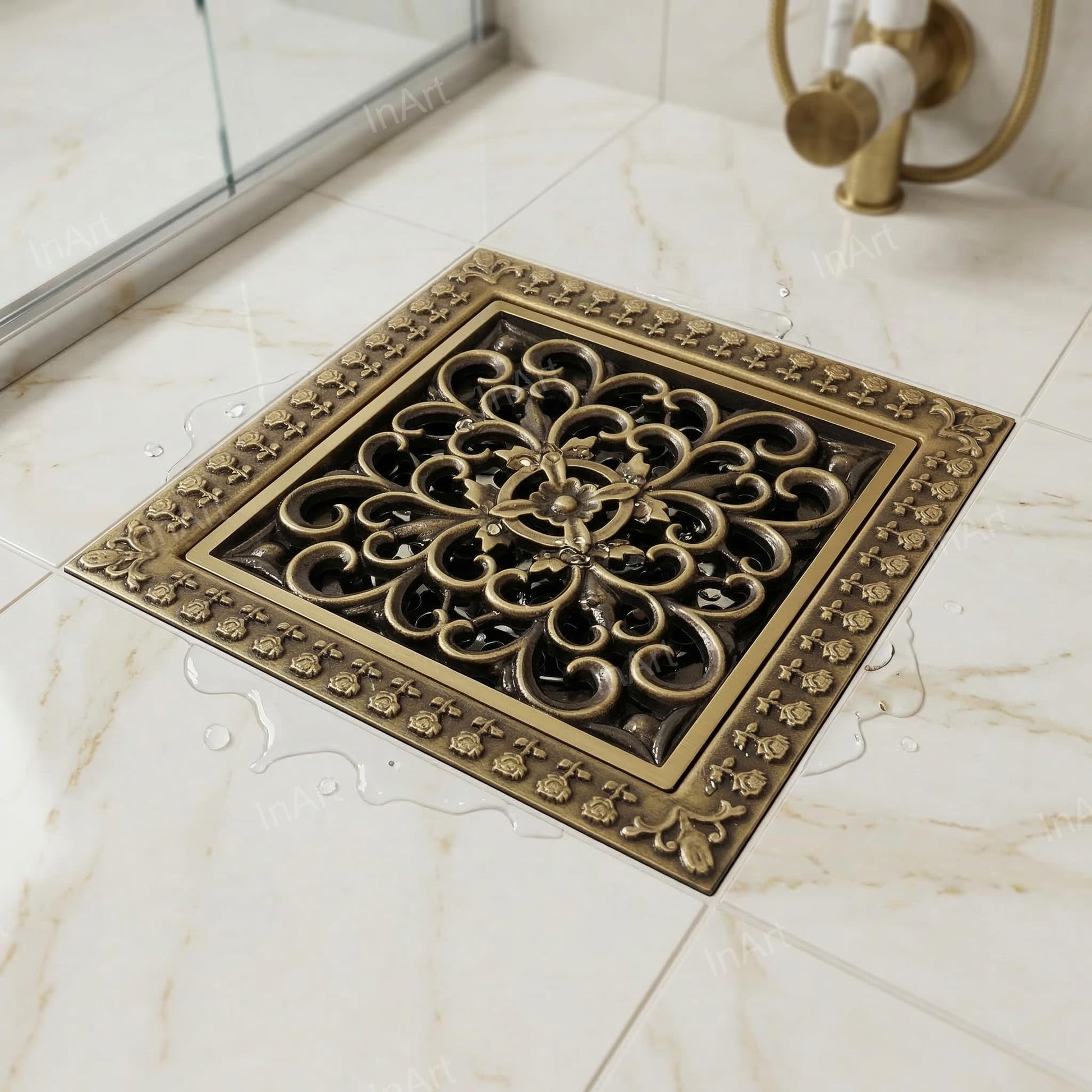 InArt 12 x 4 Inch Square Brass Shower Drain Cover with Removable Grate, additional product view 4