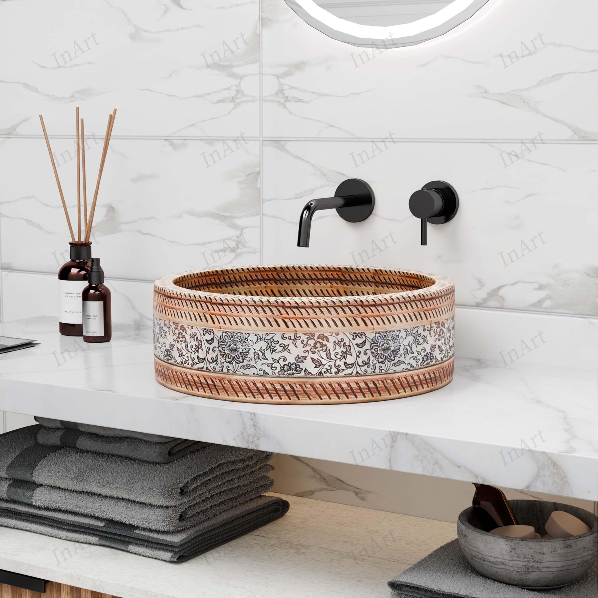 InArt Satin Patterned Ceramic Round Vessel Sink – Above Counter, 16" Moroccan Floral, additional product view 5