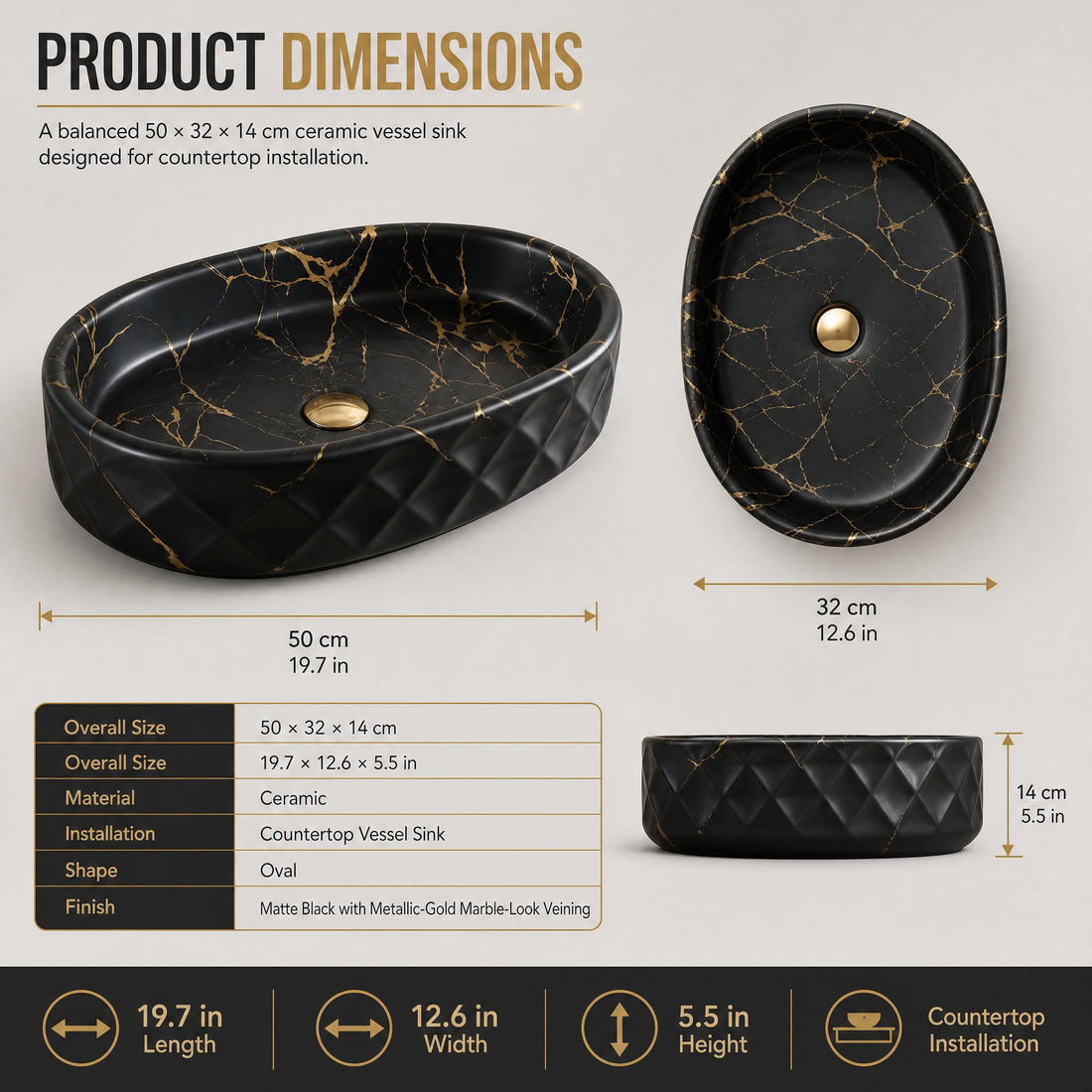 Black and Gold Oval Ceramic vessel bathroom sink