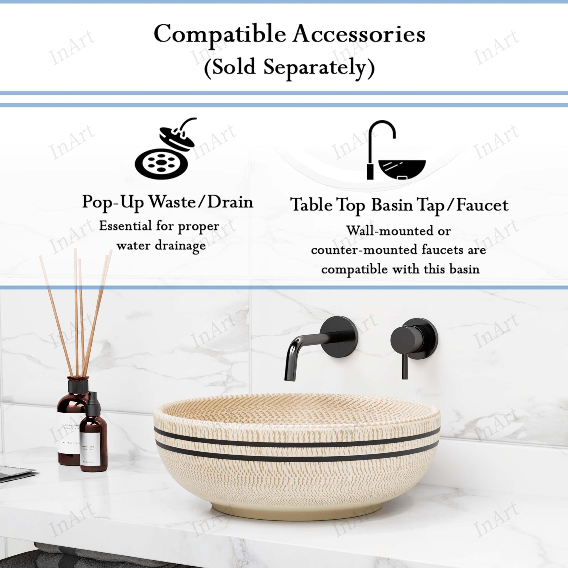 InArt Vessel Sinks for Bathroom 15.75" – Ceramic, Beige Satin, Textured Pattern, additional product view 4