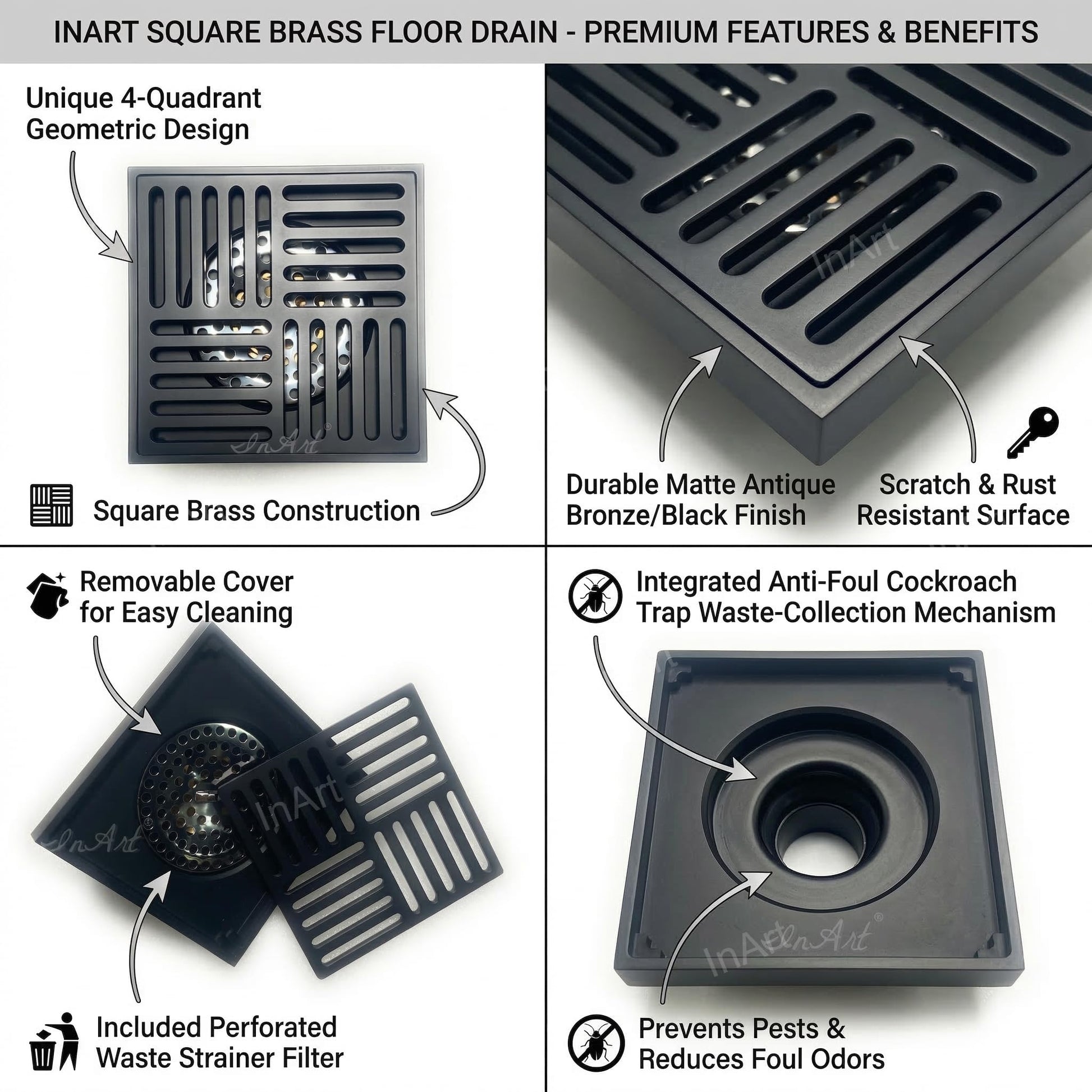 InArt Matte Black 12 x 4 Inch Brass Floor Drain with Removable Strainer, additional product view 3