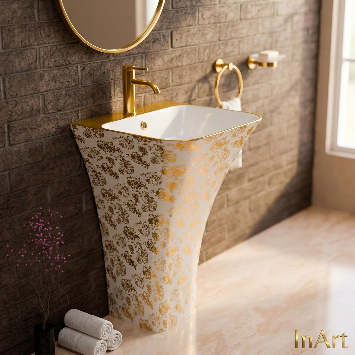 InArt Basin Pedestal Sink - Standing Bathroom Sink Gold White 45x43 CM