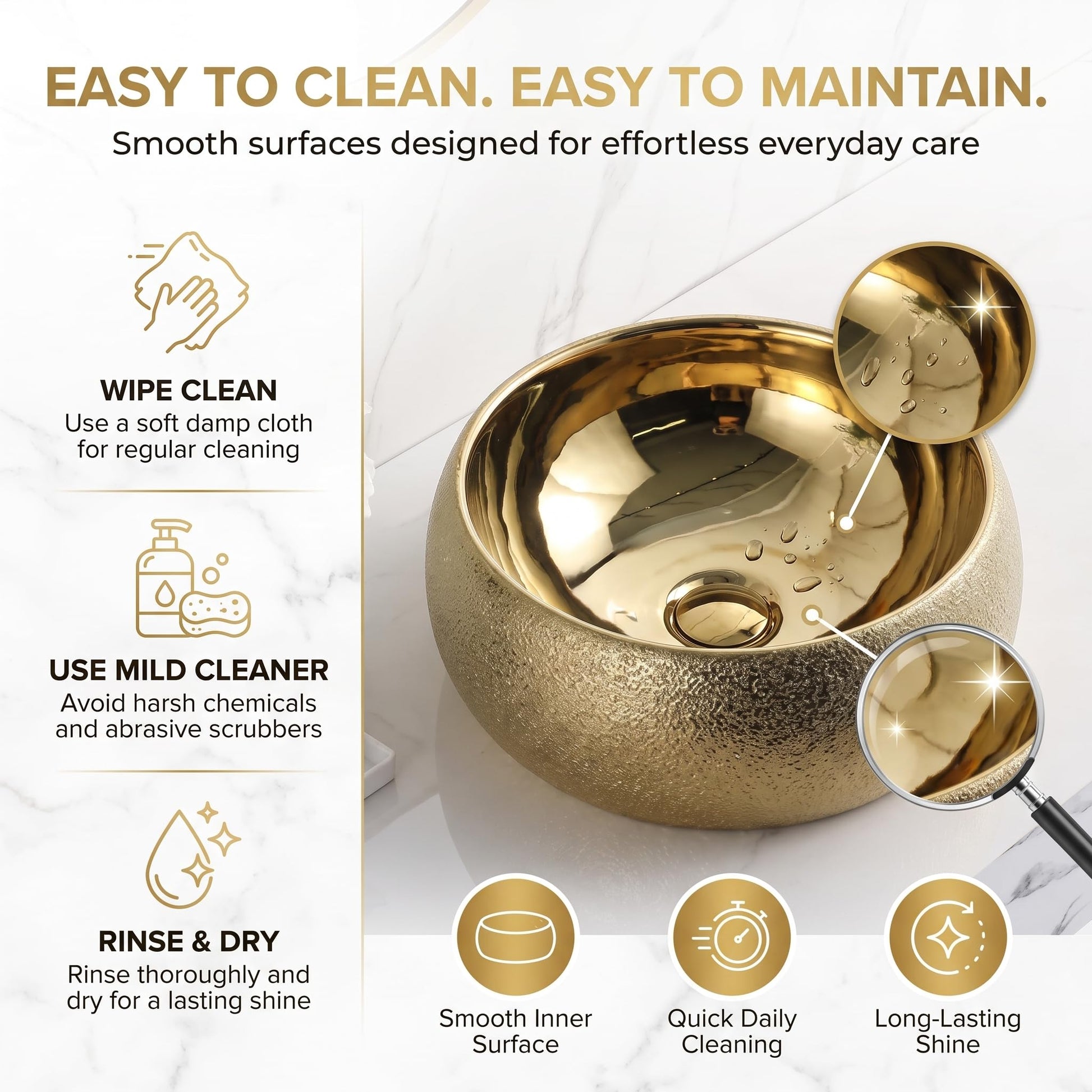 InArt Round Bathroom Ceramic Vessel Sink Art Basin in Gold Color, additional product view 6