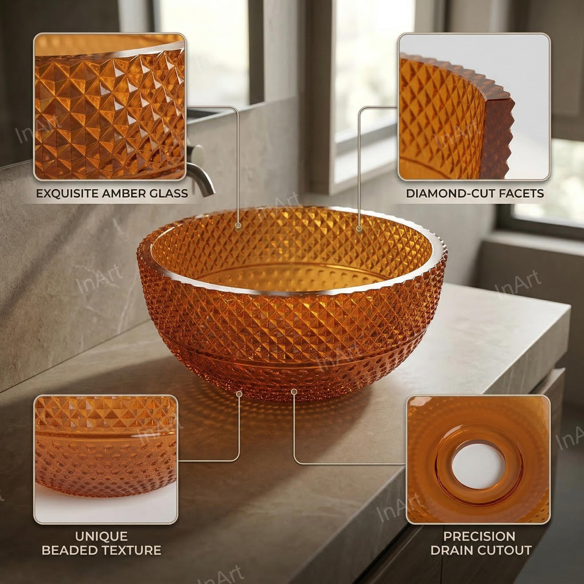 InArt Amber Orange Glass Vessel Sink for Countertop Bathrooms, 13.4 Inch, additional product view 3